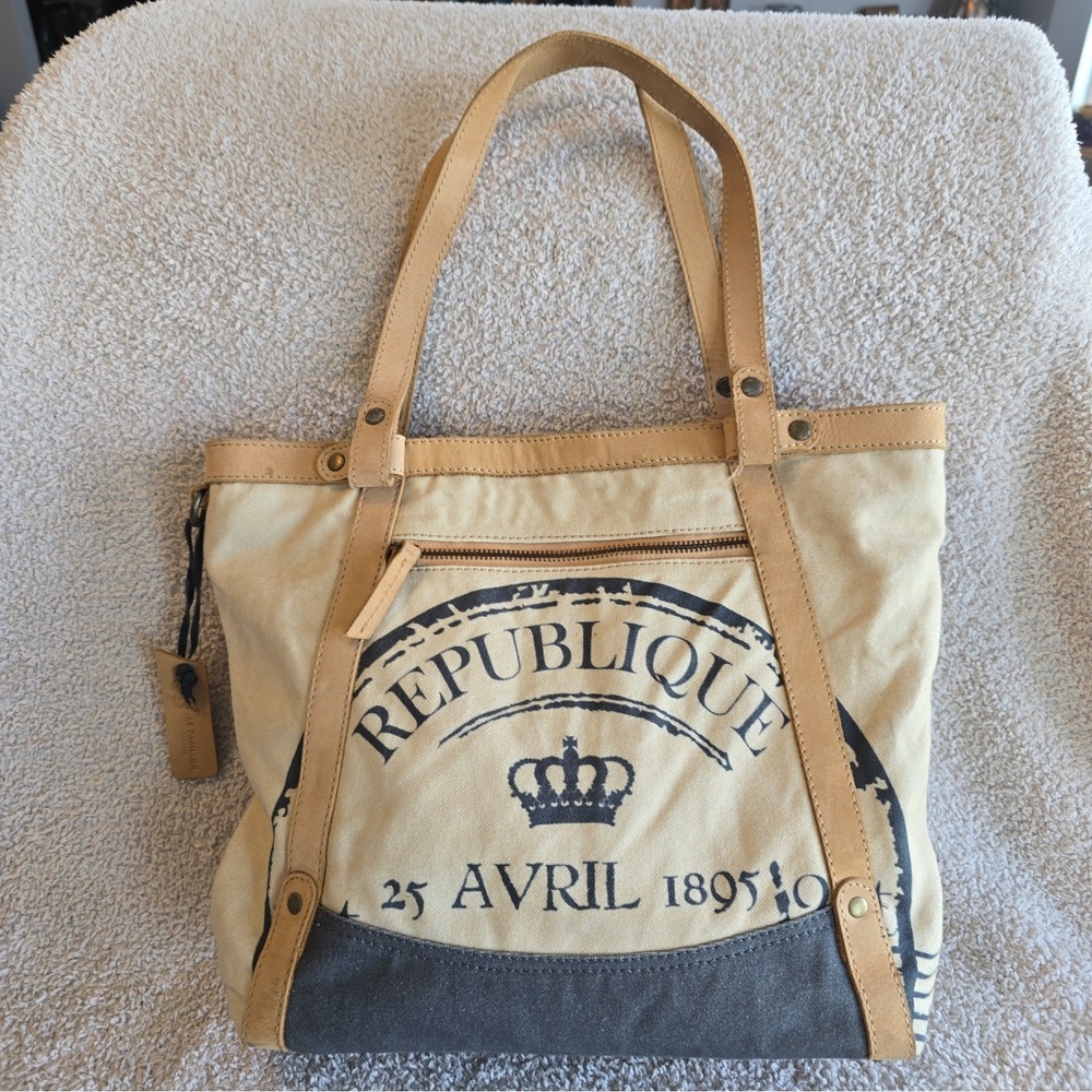Le Papillon Upcycled Canvas And Leather Shoulder Bag Purse Tote French Detail